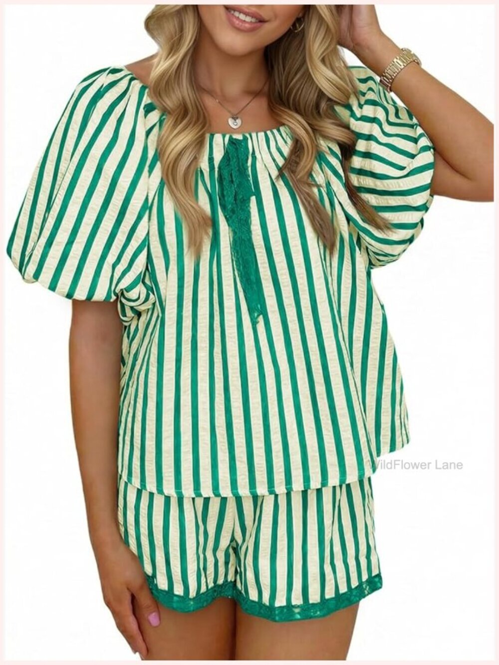 Women's Striped 2 Piece Lounge Set Babydoll Blouse Shorts
